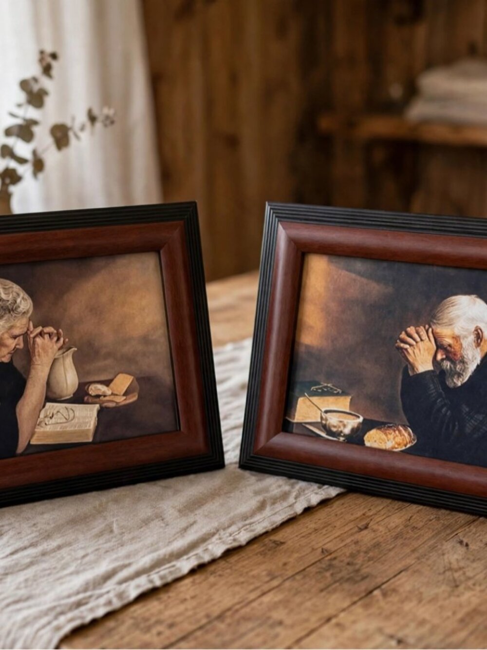Vintage Grace and Gratitude Framed Canvas Print Set - Praying Couple, 13x11